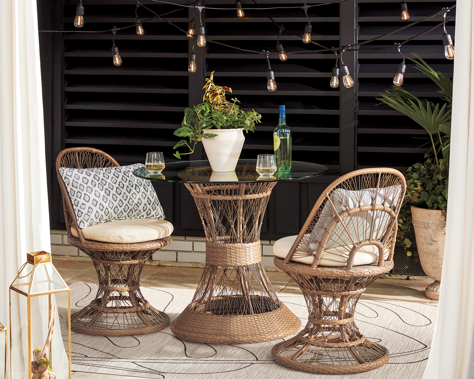 Hanging string lights over dining table