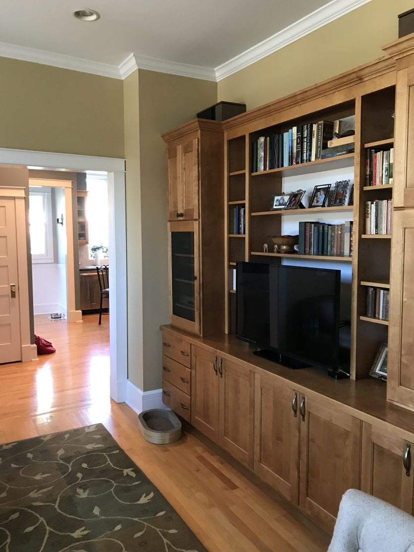 Family room with built in bookshelves