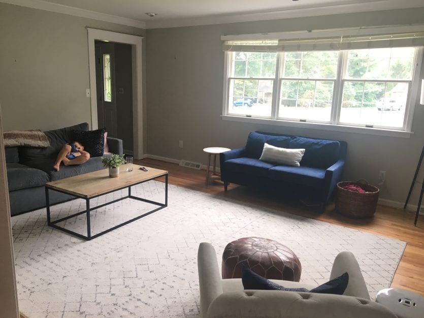 Living room with blue sofa