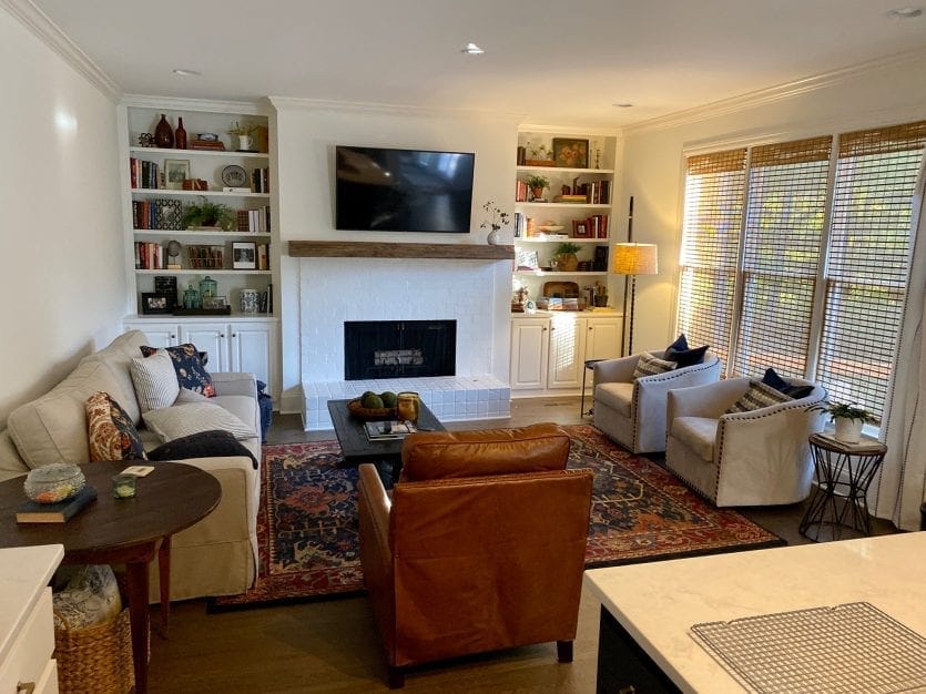 Family room with fireplace and built in bookshelves