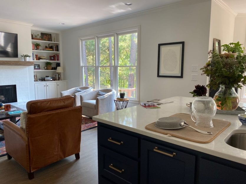 View of family room from kitchen in open concept