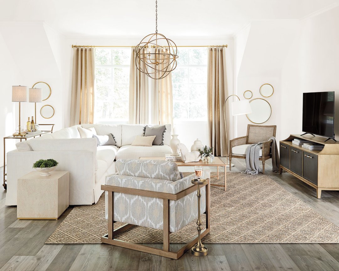 Neutral living room with performance fabric upholstery
