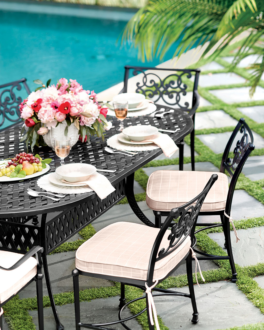 Set your table for entertaining with comfy seating and shatterproof dinnerware