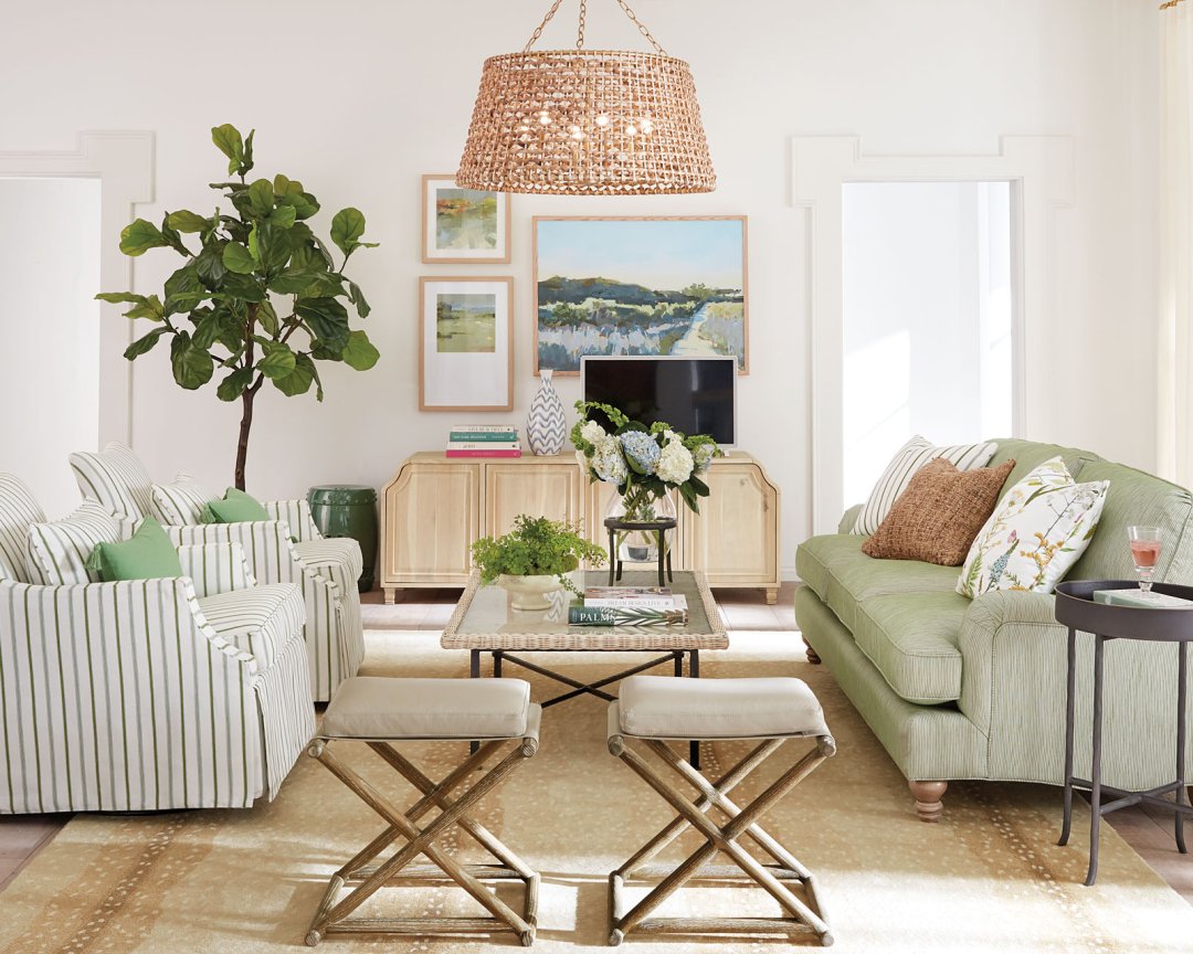 Green and white living room with natural colors
