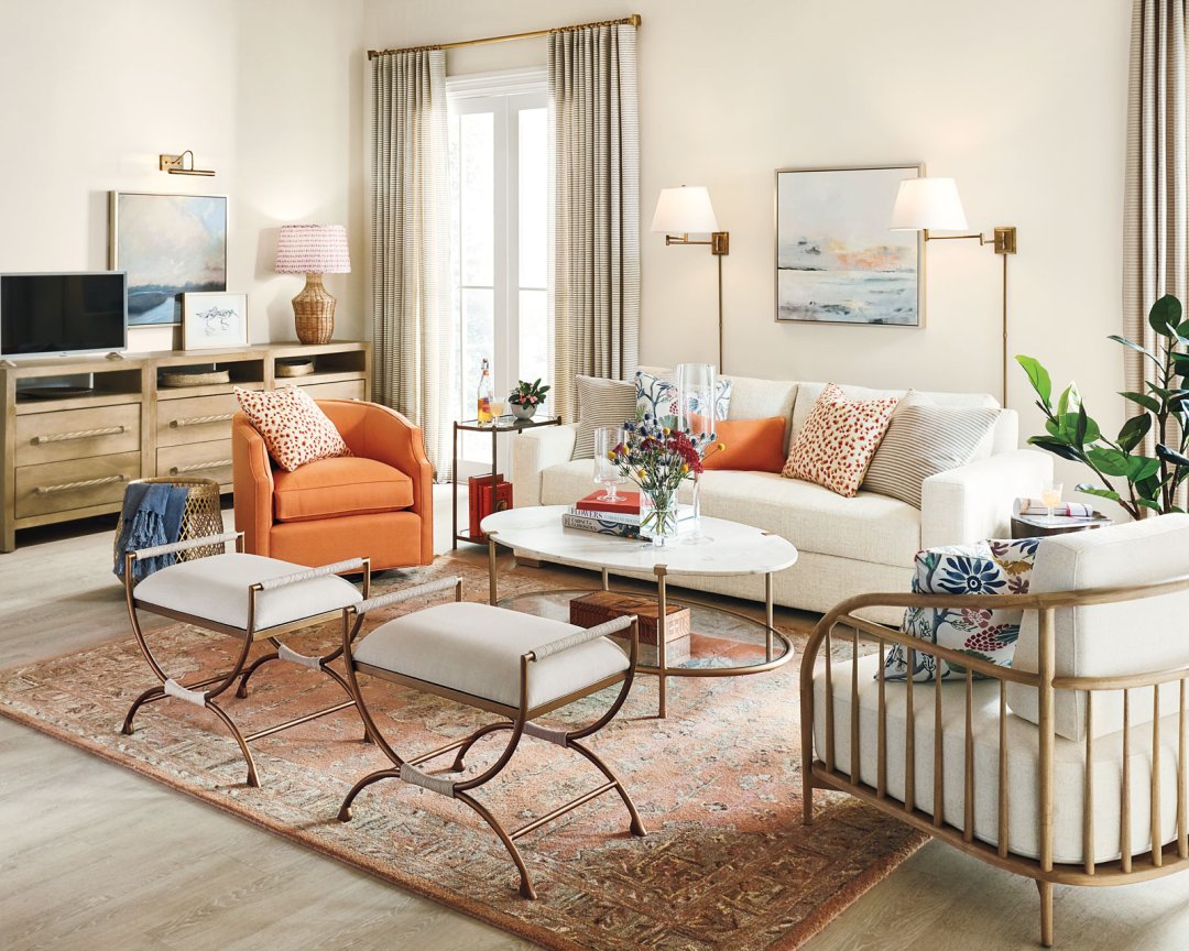 Small living room with floating ottomans