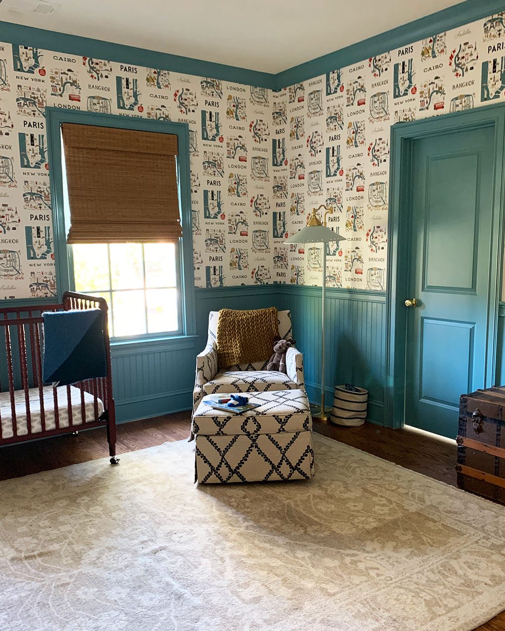 Miles' room at The Schwartz House with Rifle Paper Co Wallpaper and Teal trim